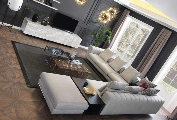 Soggiorno divano angolare a L in tessuto imbottito design