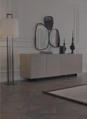 Tavolo da pranzo, 4 sedie, credenza, specchio, set di design da 7 pezzi