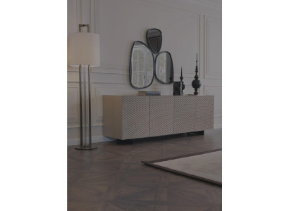 Tavolo da pranzo, 4 sedie, credenza, specchio, set di design da 7 pezzi