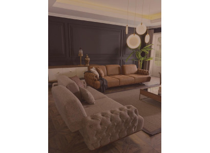 Divano 4 posti design Chesterfield di lusso in tessuto marrone.