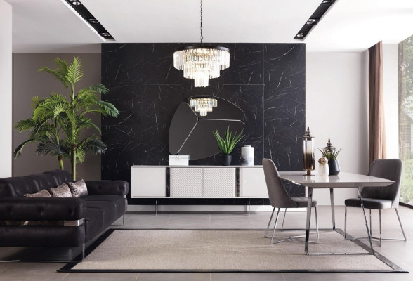 Sala da pranzo moderna con mobili specchio grigio di lusso di design elegante nuovo 2 pezzi.