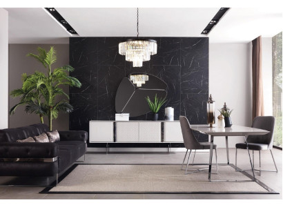 Sala da pranzo moderna con mobili specchio grigio di lusso di design elegante nuovo 2 pezzi.