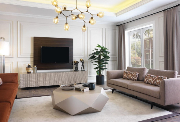 Soggiorno tavolino design mobili di lusso arredamento divano beige.