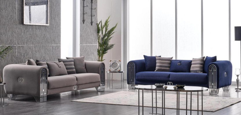 Set completo di mobili di lusso in tessuto imbottito, divano a 3 posti + 3 posti, nuovo.