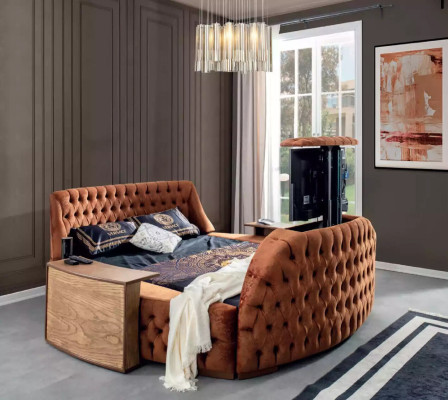 Letto Chesterfield Imbottito Design Letti di lusso Hotel in marrone con TV