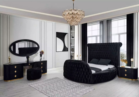 Letto nero Chesterfield, letto matrimoniale moderno, letto imbottito moderno per hotel.