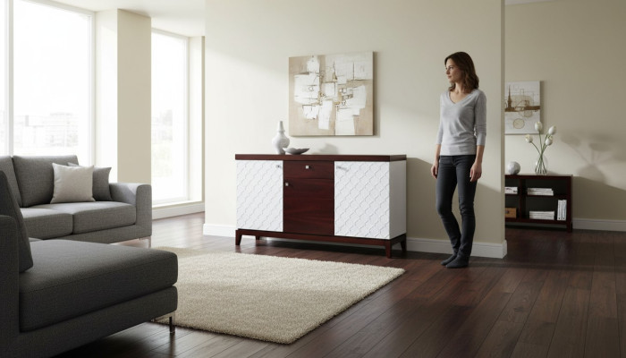 Mobile bianco del progettista con cassetti - cassettiera - credenza - mobili decorativi in legno.