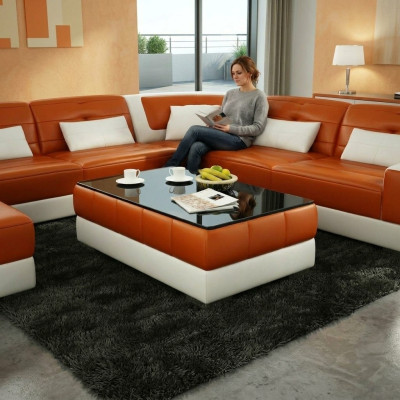 Tavolo da caffè design, tavolo in vetro per soggiorno, divano in pelle.