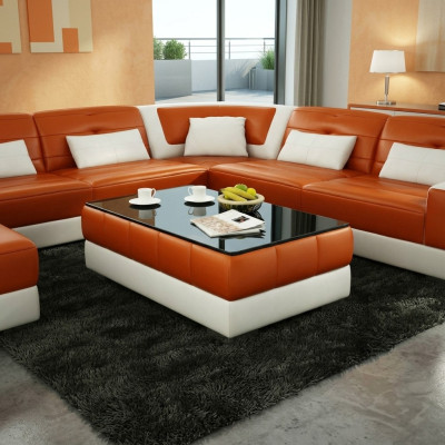 Tavolo da caffè design, tavolo in vetro per soggiorno, divano in pelle.