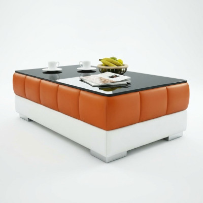 Tavolo da caffè design, tavolo in vetro per soggiorno, divano in pelle.