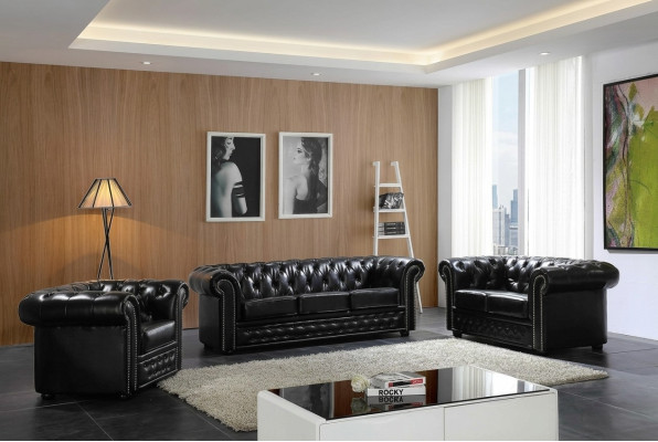 Divano Chesterfield Poltrona Imbottita Set Completo in Pelle Nuovo