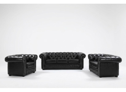 Divano Chesterfield Poltrona Imbottita Set Completo in Pelle Nuovo