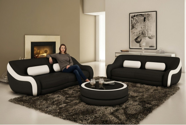 Set di divani in pelle da salotto design XXL con cuscini, composto da divano a 3 posti e 2 poltrone.