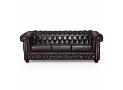 Sofà moderno in ecopelle a tre posti accogliente ed elegante stile Chesterfield.