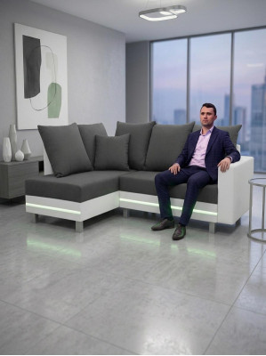 Divano Angolare Design a L con Funzione Letto, Seduta in Tessuto con LED.