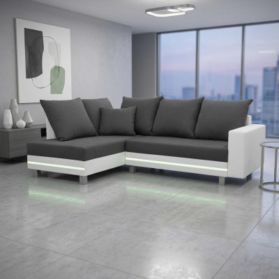Divano Angolare Design a L con Funzione Letto, Seduta in Tessuto con LED.