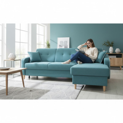 Divano ad angolo con design Sina con funzione letto e cuscino, divano letto angolare.