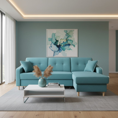 Divano ad angolo con design Sina con funzione letto e cuscino, divano letto angolare.