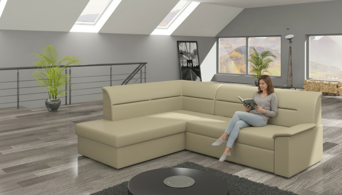 Divano angolare design Elano a L con funzione letto in pelle e tessuto sofà.
