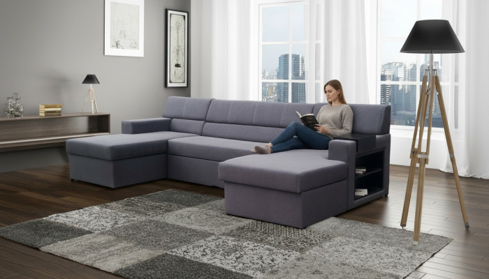 Divano angolare design Markos a forma di U con funzione letto, rivestito in pelle e tessuto.
