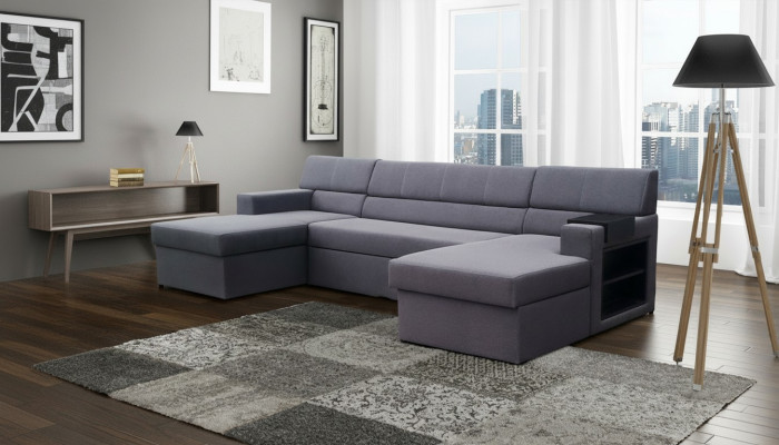 Divano angolare design Markos a forma di U con funzione letto, rivestito in pelle e tessuto.