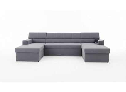 Divano angolare design Markos a forma di U con funzione letto, rivestito in pelle e tessuto.