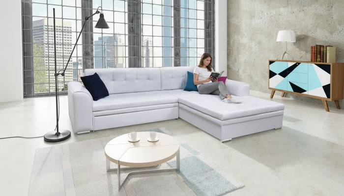 Divano angolare design con funzione letto, divano imbottito in tessuto.