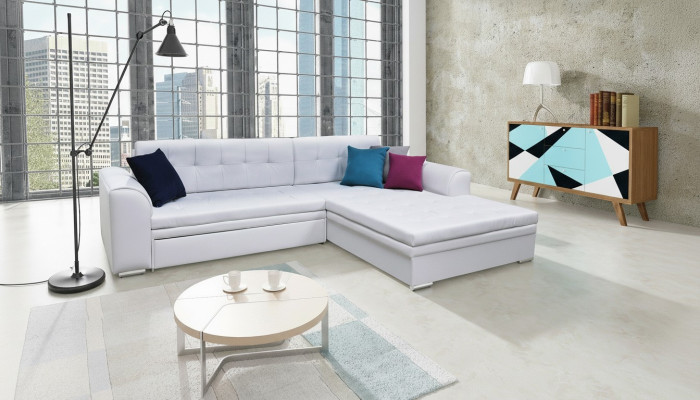 Divano angolare design con funzione letto, divano imbottito in tessuto.