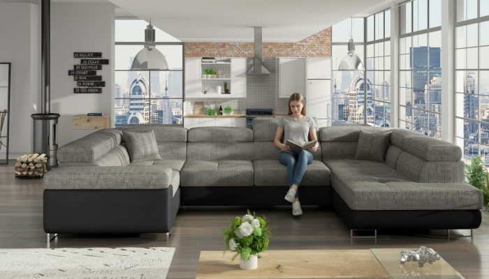 Divano ad angolo design con funzione letto, in pelle o tessuto, nuovo 5625.