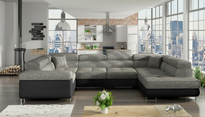 Divano ad angolo design con funzione letto, in pelle o tessuto, nuovo 5625.