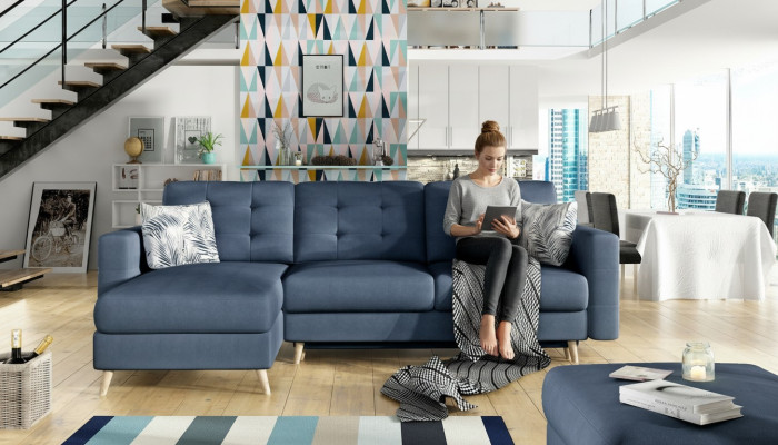 Divano angolare design con funzione letto e rivestimento in tessuto o pelle, divani imbottiti nuovi.