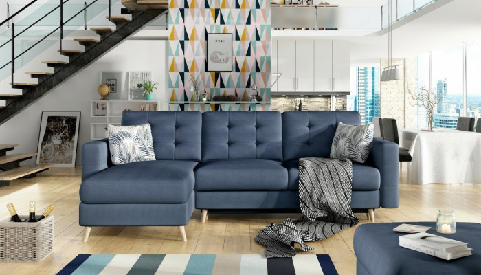 Divano angolare design con funzione letto e rivestimento in tessuto o pelle, divani imbottiti nuovi.