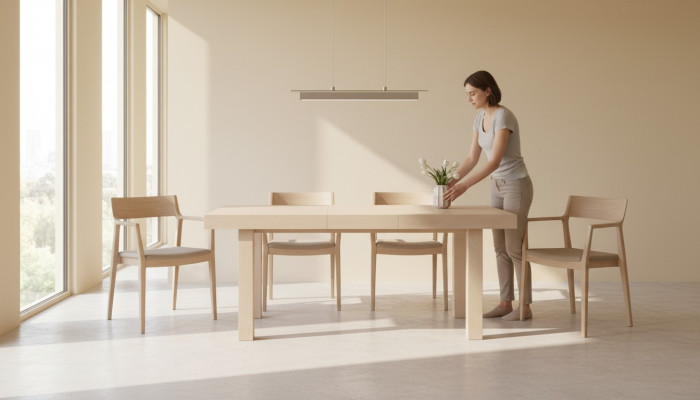 Tavolo in legno di design allungabile, tavolo decorativo per sala da pranzo soggiorno in legno massiccio.   Tavolo in legno di design estensibile, tavolo decorativo per sala da pranzo o soggiorno in legno massiccio.