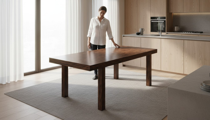 Tavolo in legno massiccio con decoro design estensibile per sala da pranzo e soggiorno.   Tavolo in legno massiccio con decoro design estensibile per sala da pranzo e soggiorno.