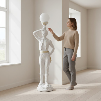 Statua luminosa da terra di dimensioni naturali di una divinità induista. Lampada scultura da terra decorativa di 160 cm.