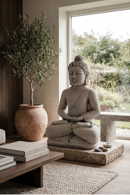 Statua di Buddha in stile pietra. Grande scultura decorativa per il giardino.