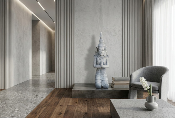 Statua del Buddha in stile pietra. Grande scultura decorativa per il giardino.