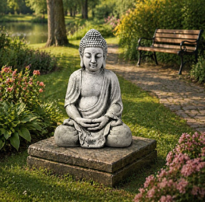 Figura Budda scultura in stile pietra. Grande scultura decorativa per il giardino.