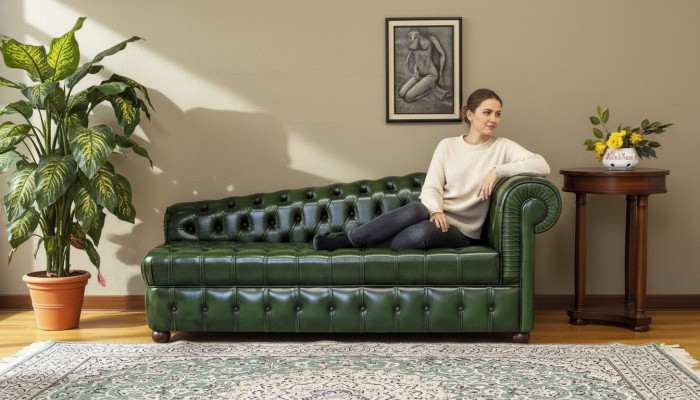 Chaise longue Divano Chesterfield Verde Divano Letto Pouf Dormeuse Pelle Chaise
