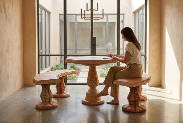Stile romano Tavoli da giardino Tavolo in pietra Mobili da terrazza rotondi Arredi da esterno Decorazioni da giardino