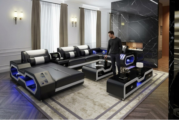 XXL Divano ad angolo composto da Sofa, Couch, Rivestimento Angolare + USB + Luce