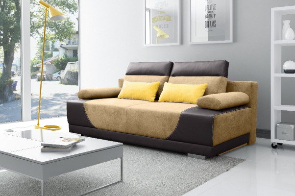 Divano letto in tessuto nuovo con funzione letto, divano a 3 posti in tessuto imbottito.