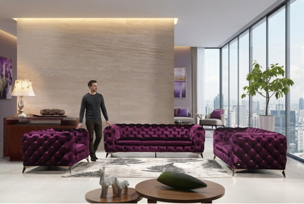 Sofà di lusso di alta qualità Divano Imbottito 3+2+1 Set Chesterfield viola Nuovo