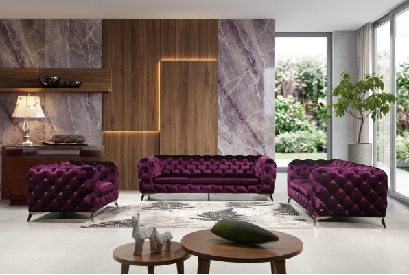 Sofà di lusso di alta qualità Divano Imbottito 3+2+1 Set Chesterfield viola Nuovo