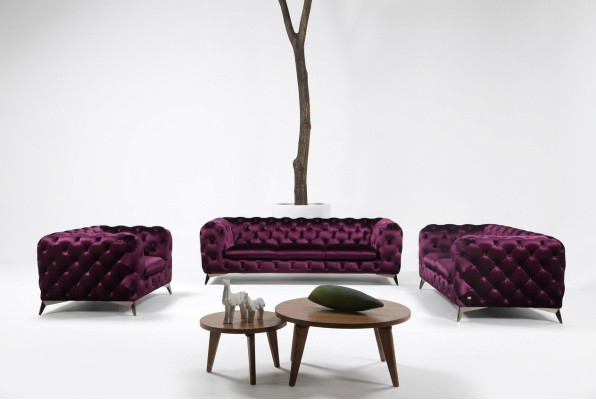 Sofà di lusso di alta qualità Divano Imbottito 3+2+1 Set Chesterfield viola Nuovo