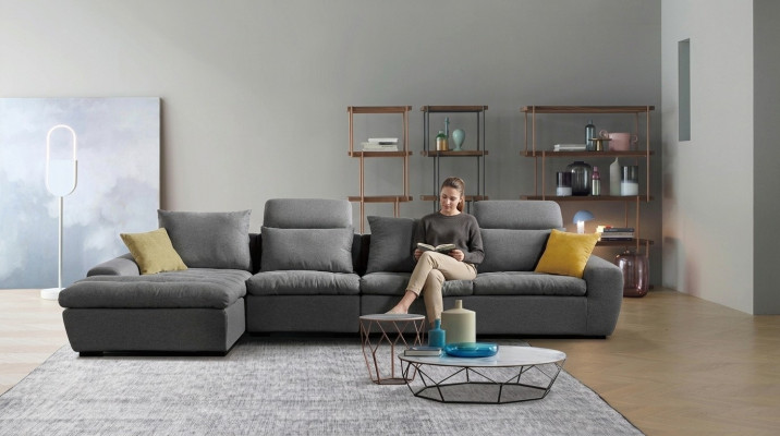 Divano ad angolo, divano design, divani d'angolo, ensemble paesaggio abitativo, set tessile.