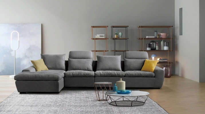 Divano ad angolo, divano design, divani d'angolo, ensemble paesaggio abitativo, set tessile.