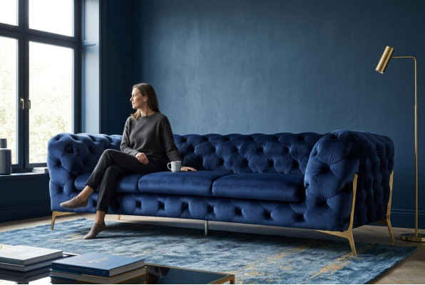 Divano Chesterfield Divano Imbottito XXL Tessuto 3+3 Set di Divani Design Blu