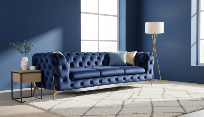 Divano Chesterfield Divano Imbottito XXL Tessuto 3+3 Set di Divani Design Blu