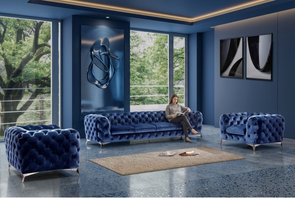 Divano Chesterfield Divano Imbottito XXL Big Set Tessile 3+3 Divani di design